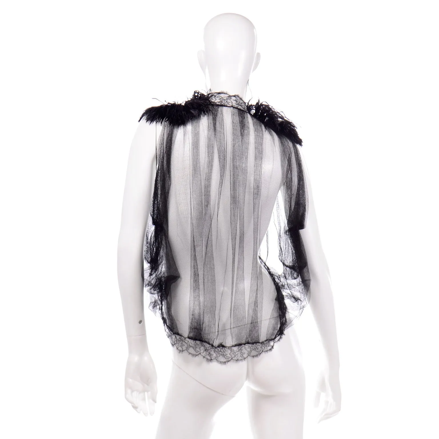 2012 Alberta Ferretti Sheer Silk Tulle Black Top w/ Lace Trim & Feathers