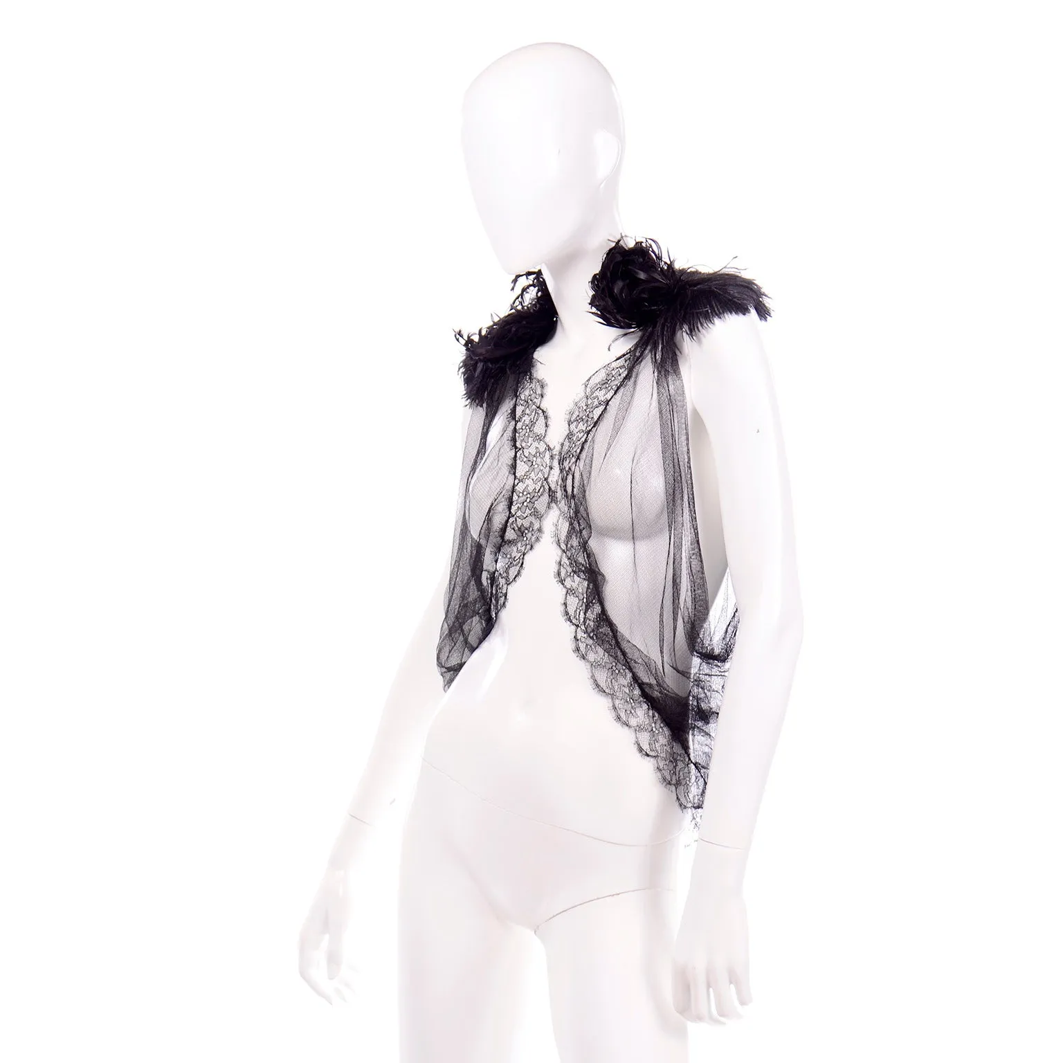 2012 Alberta Ferretti Sheer Silk Tulle Black Top w/ Lace Trim & Feathers