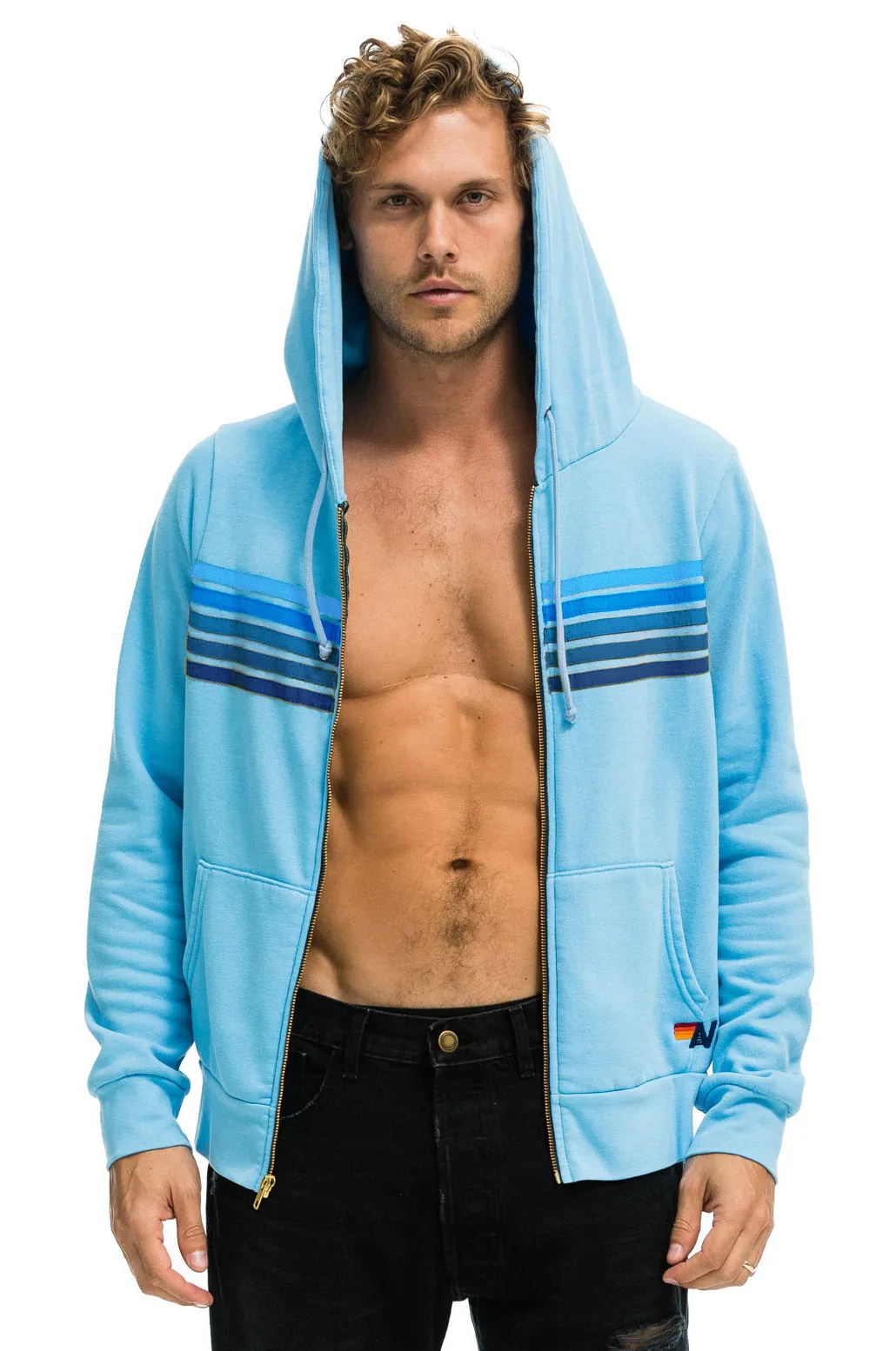 Aviator Nation 5 Stripe Unisex Hoodie  Sky Blue