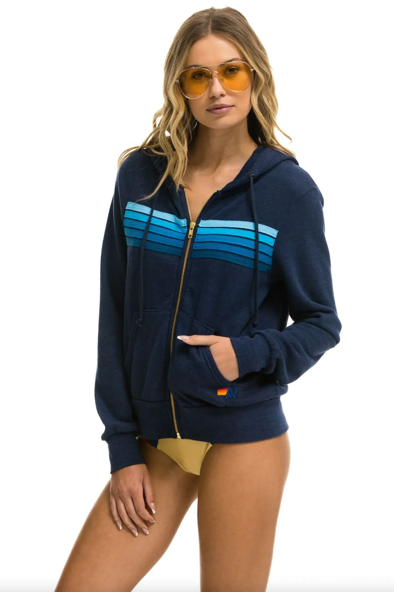 Aviator Nation 5 Stripe Zip Unisex Hoodie in NAVY // BLUE