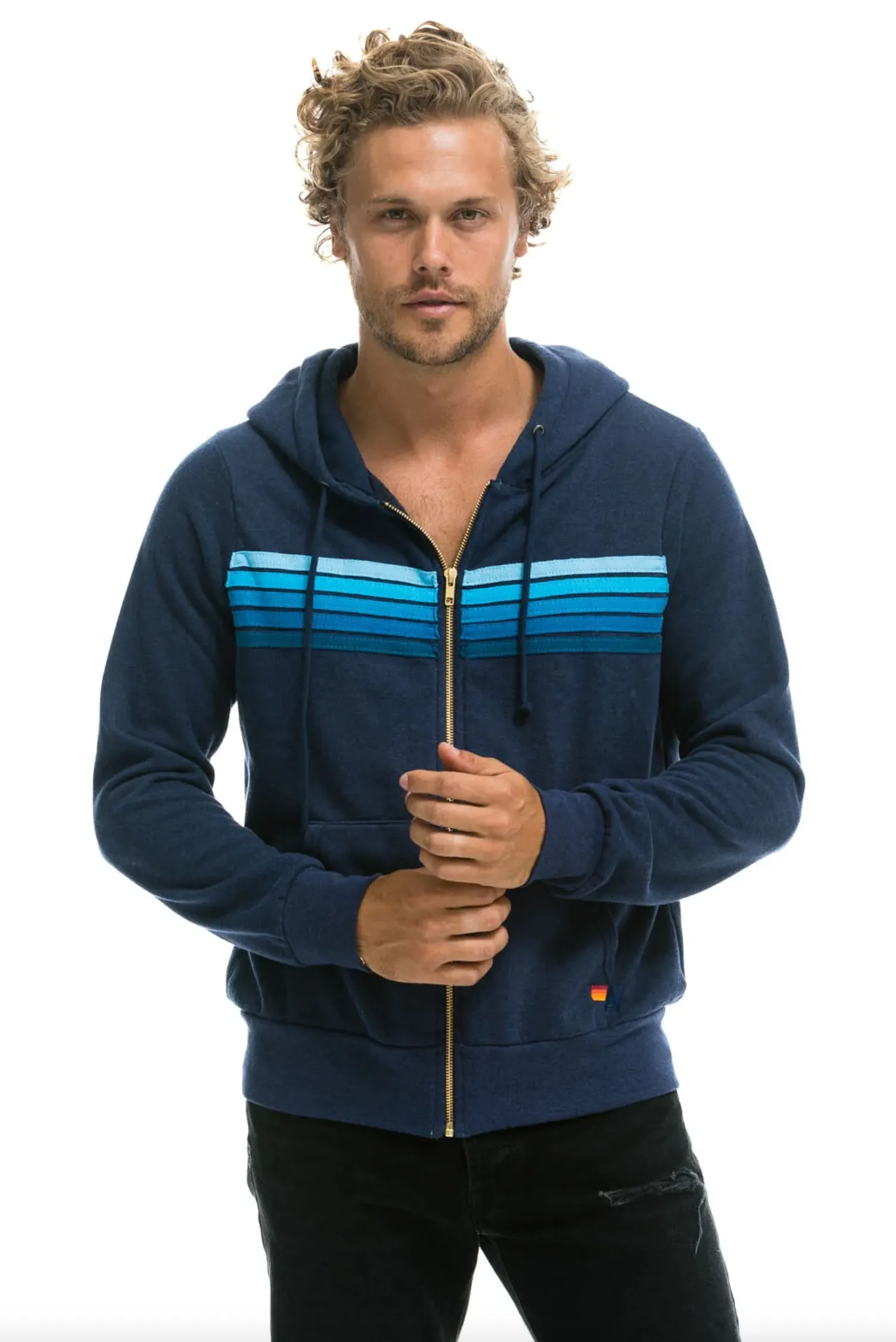 Aviator Nation 5 Stripe Zip Unisex Hoodie in NAVY // BLUE