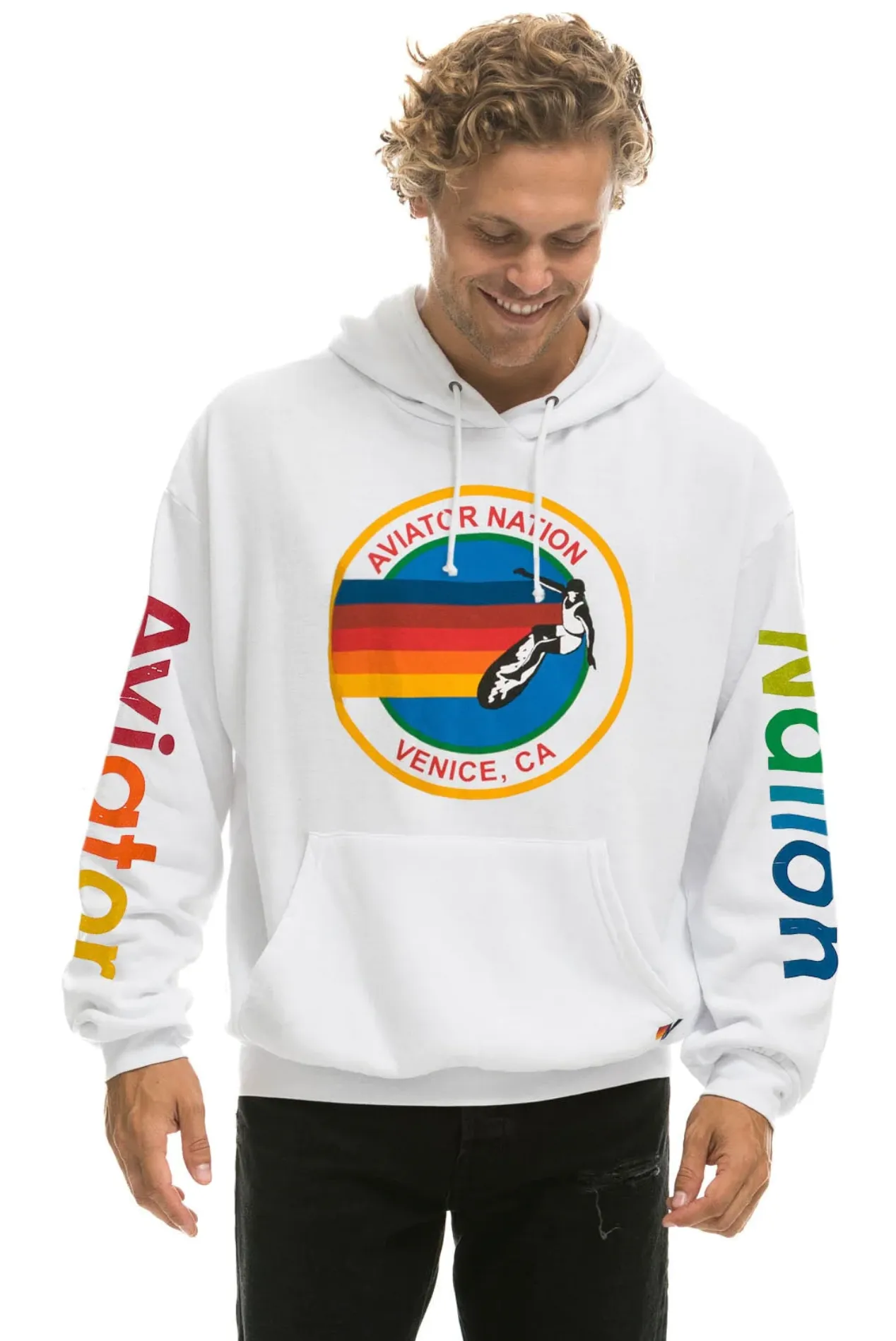 AVIATOR NATION UNISEX RELAXED PULLOVER HOODIE IN WHITE