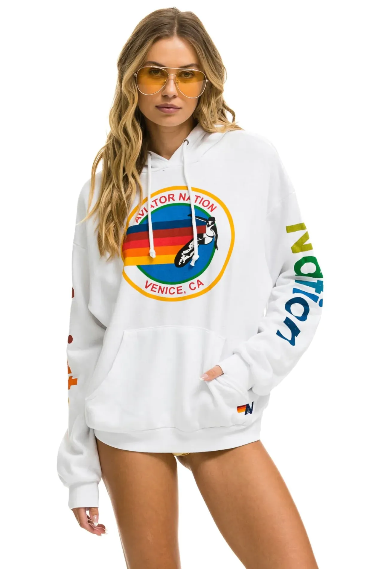 AVIATOR NATION UNISEX RELAXED PULLOVER HOODIE IN WHITE