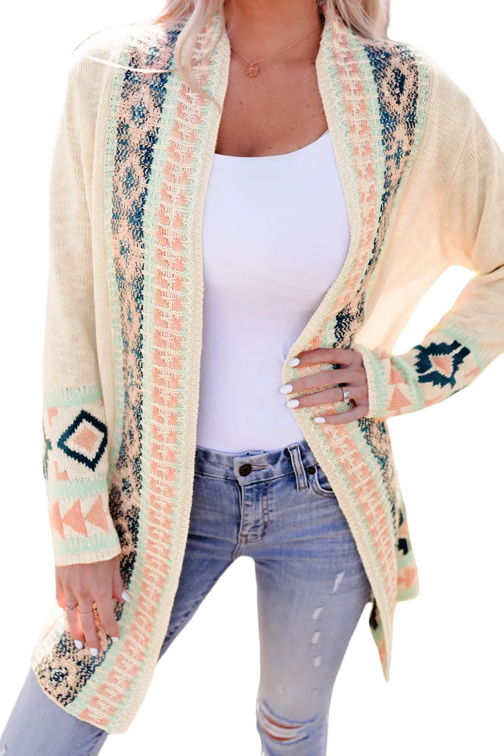 Aztec Khaki Western Print Open Front Cardigan