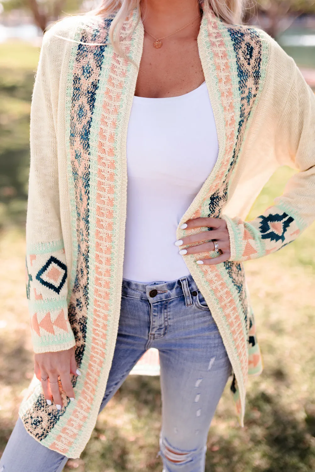 Aztec Khaki Western Print Open Front Cardigan