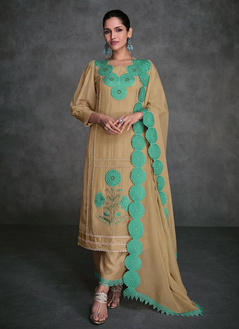 Beige Golden Thread Embroidery Organza Silk Pant Style Suit