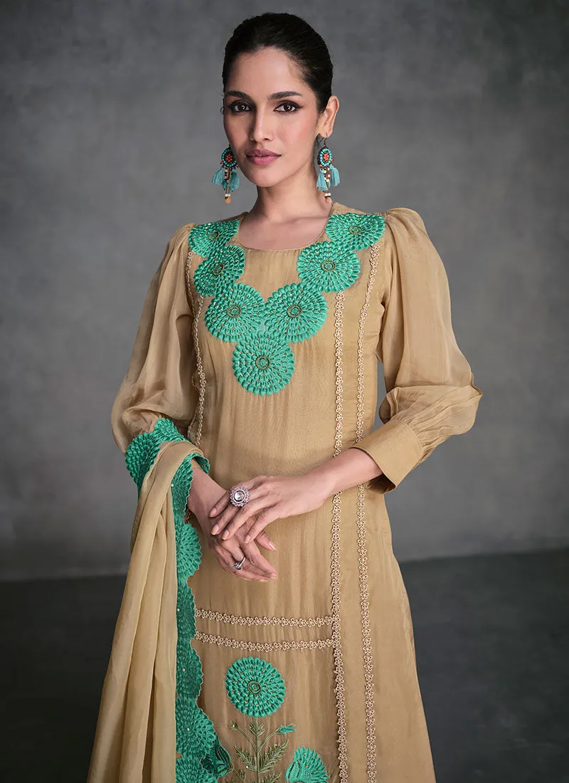 Beige Golden Thread Embroidery Organza Silk Pant Style Suit