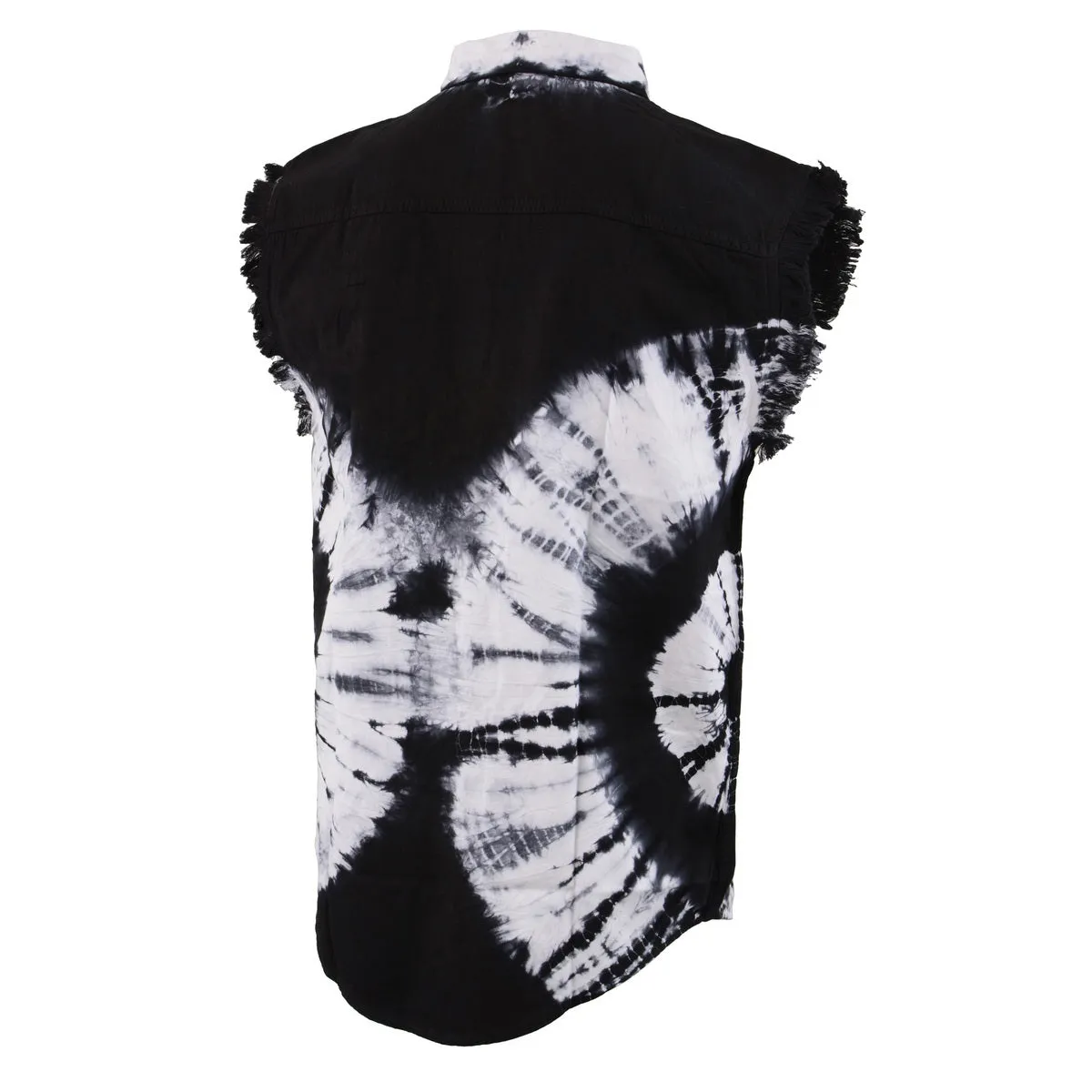 Biker Clothing Co. MDM11679 Men's Classic Black and White Tie-Dye Button-Down Frayed Sleeveless Cut Off Shirt