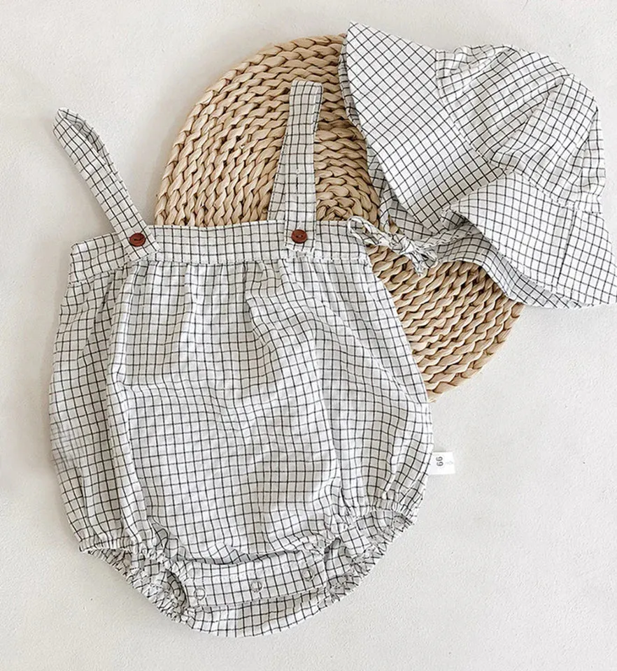 Bizzi Growin Cotton Check Romper And Sun Hat 2 Colours