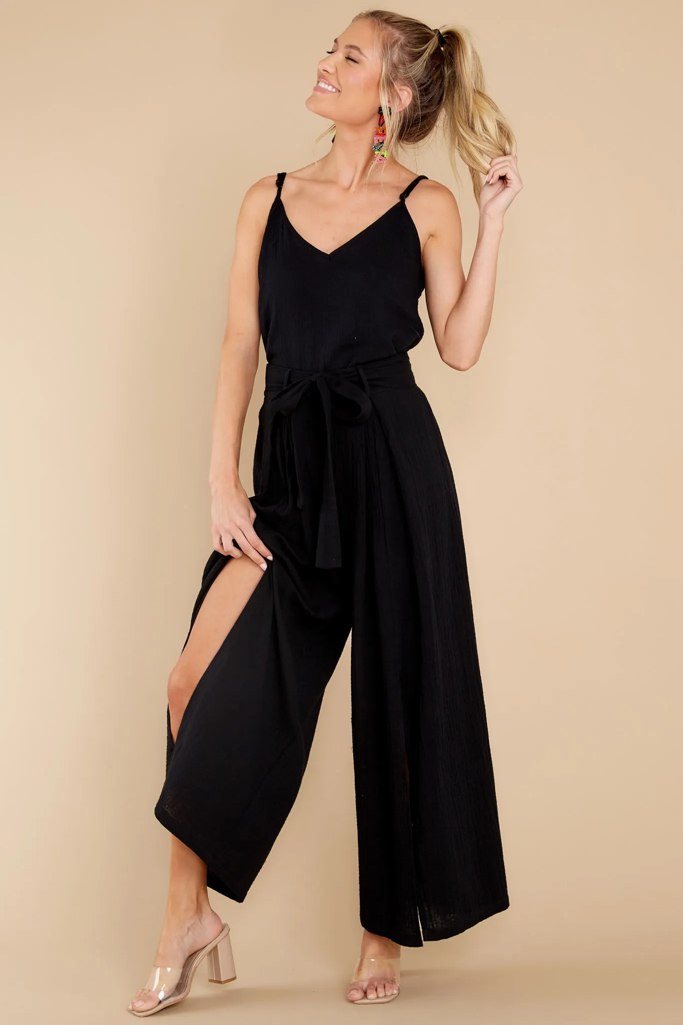 Bring The Charm Black Split Front Pants