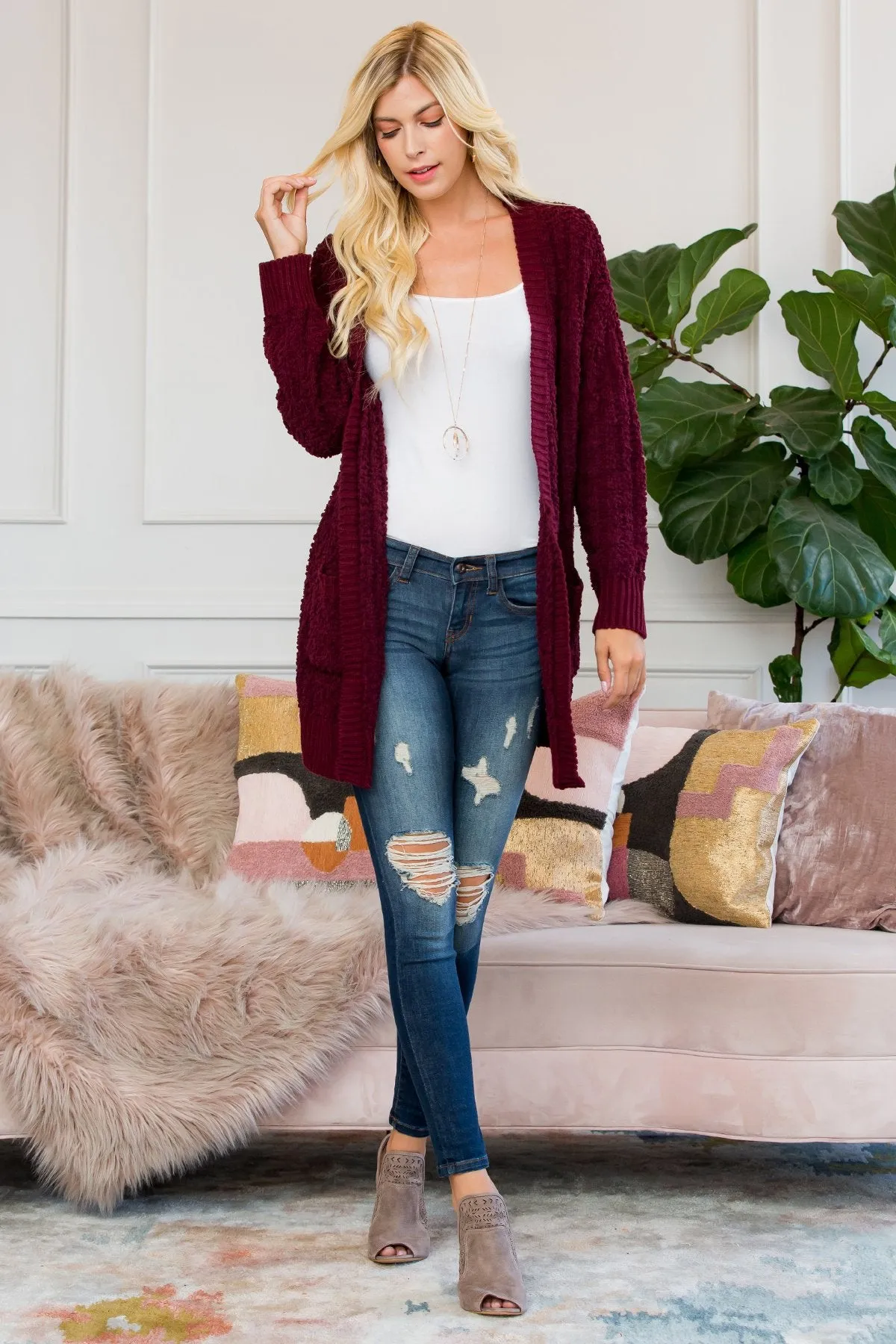 Cable Popcorn Sweater Cardigan With Pockets