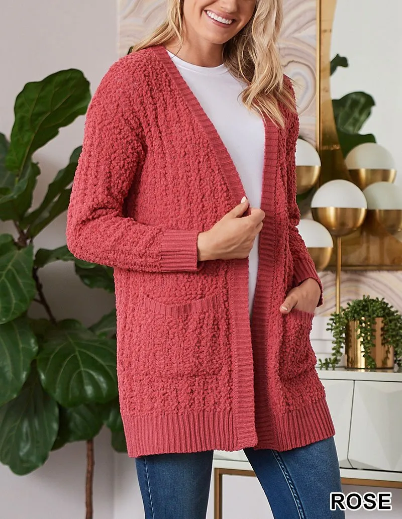 Cable Popcorn Sweater Cardigan With Pockets