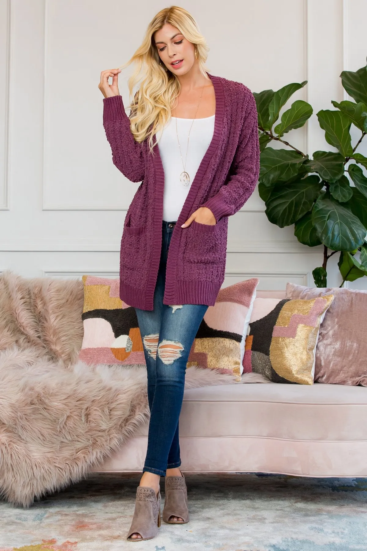 Cable Popcorn Sweater Cardigan With Pockets