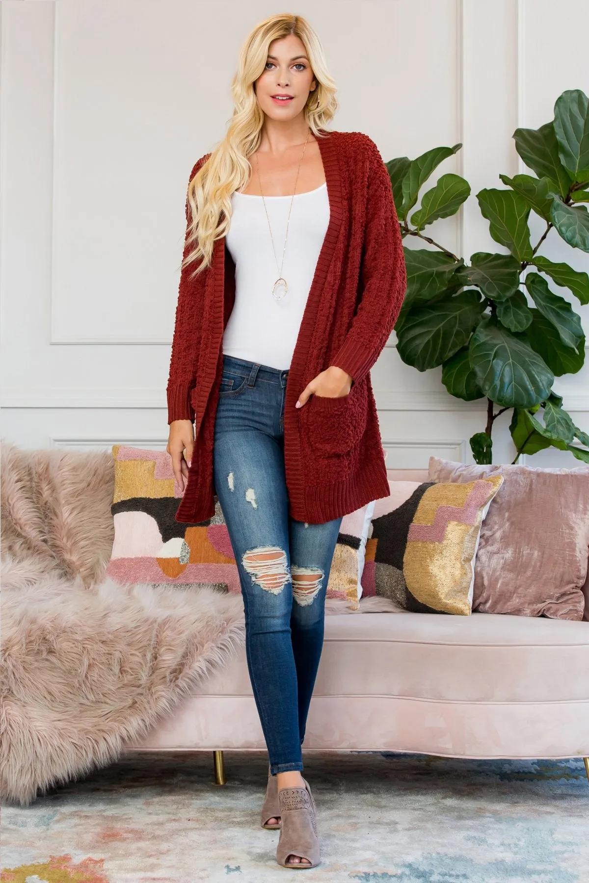 Cable Popcorn Sweater Cardigan With Pockets