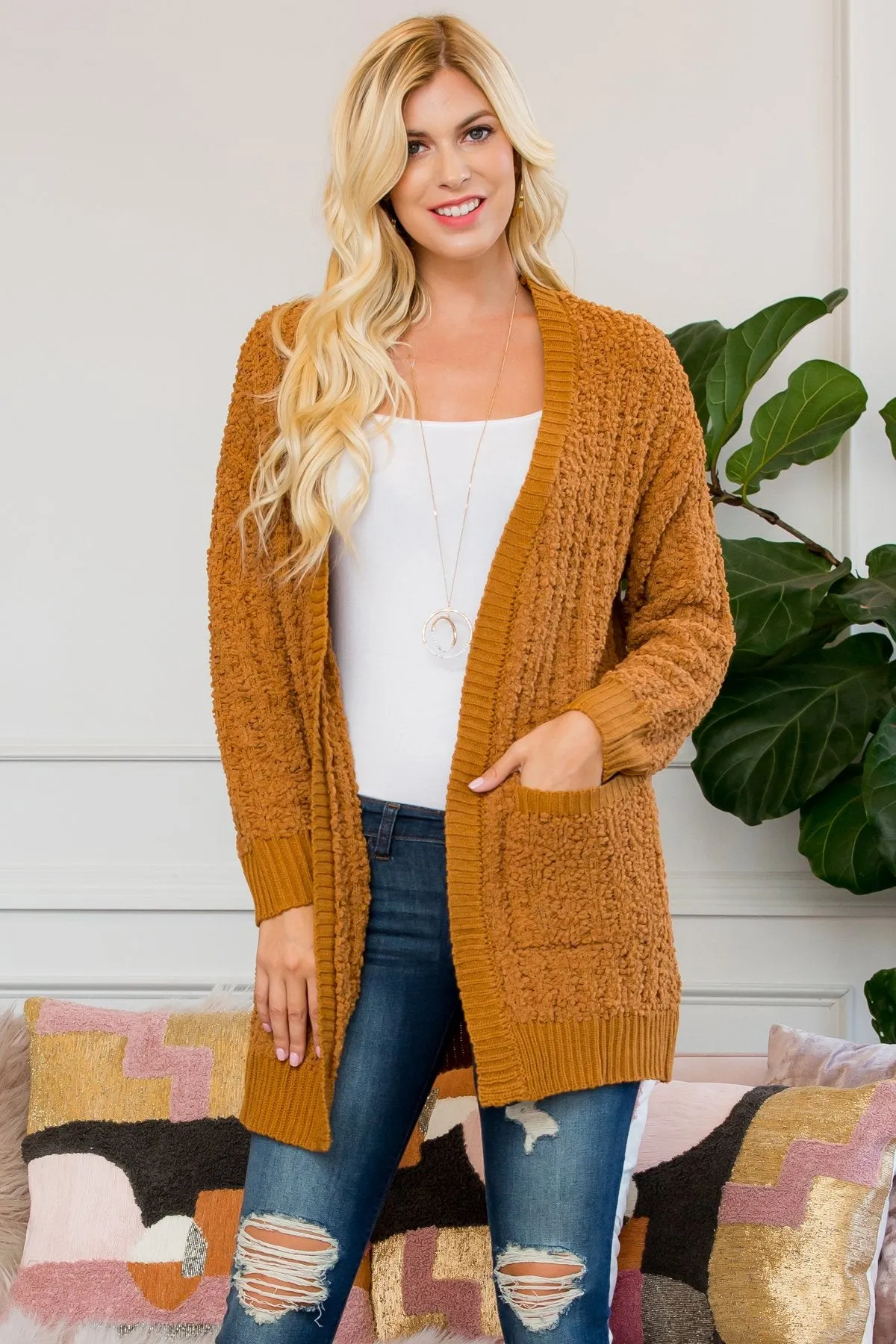 Cable Popcorn Sweater Cardigan With Pockets