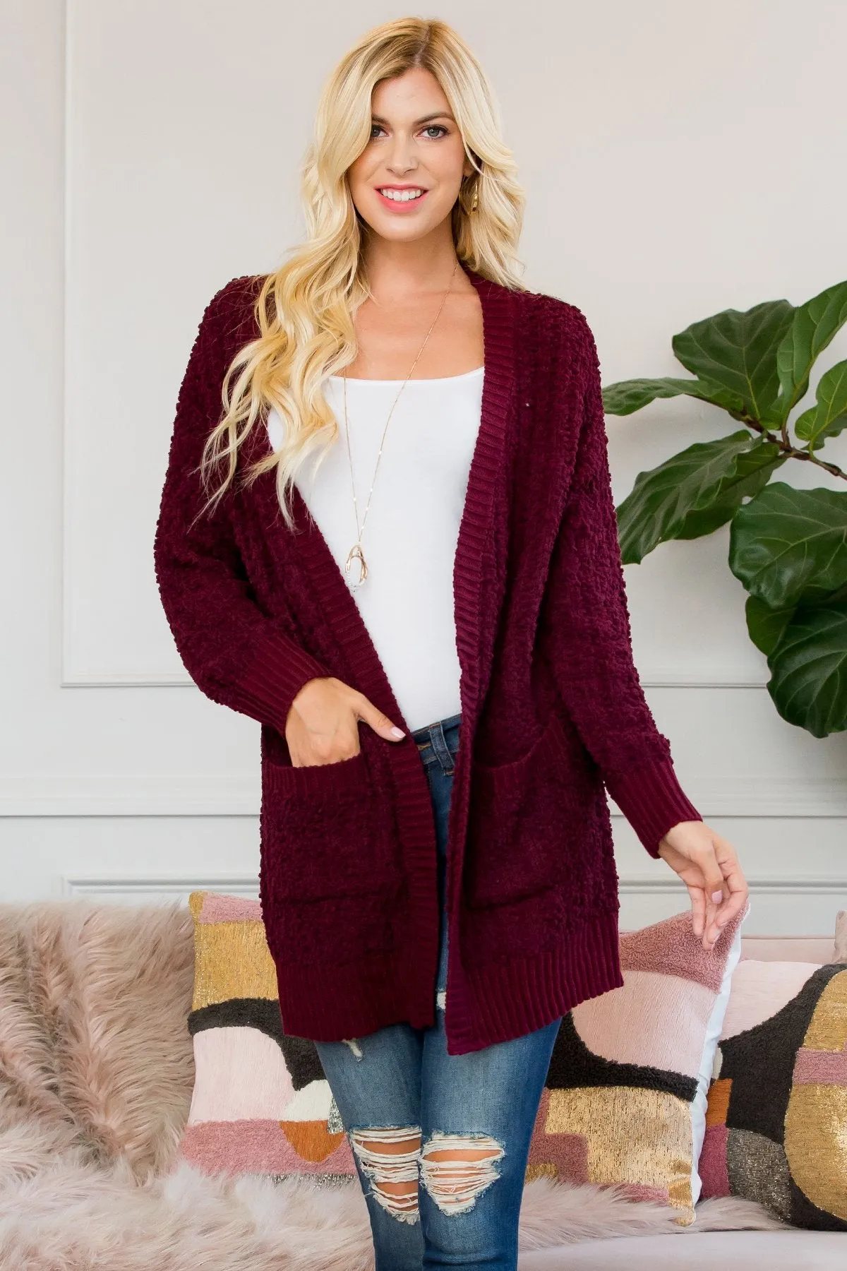 Cable Popcorn Sweater Cardigan With Pockets