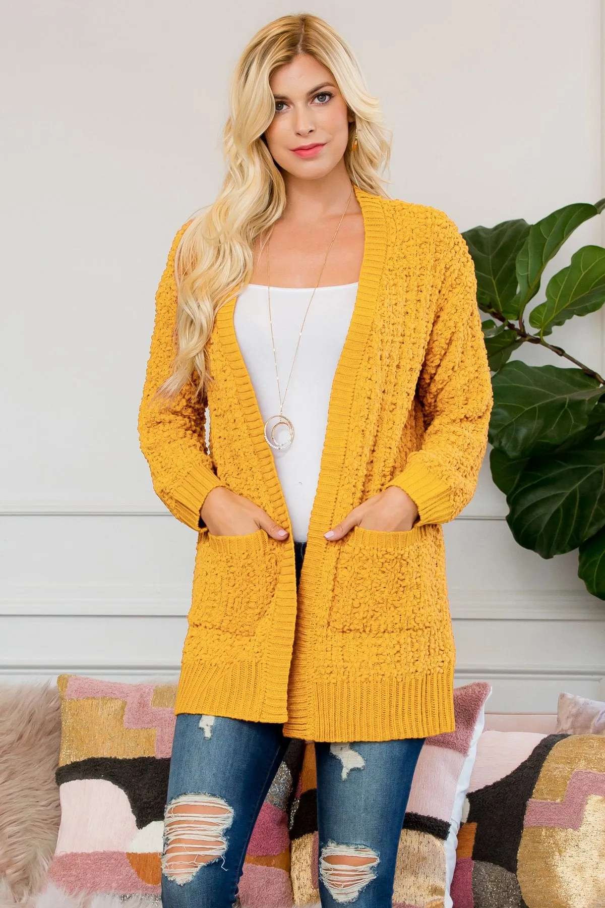 Cable Popcorn Sweater Cardigan With Pockets