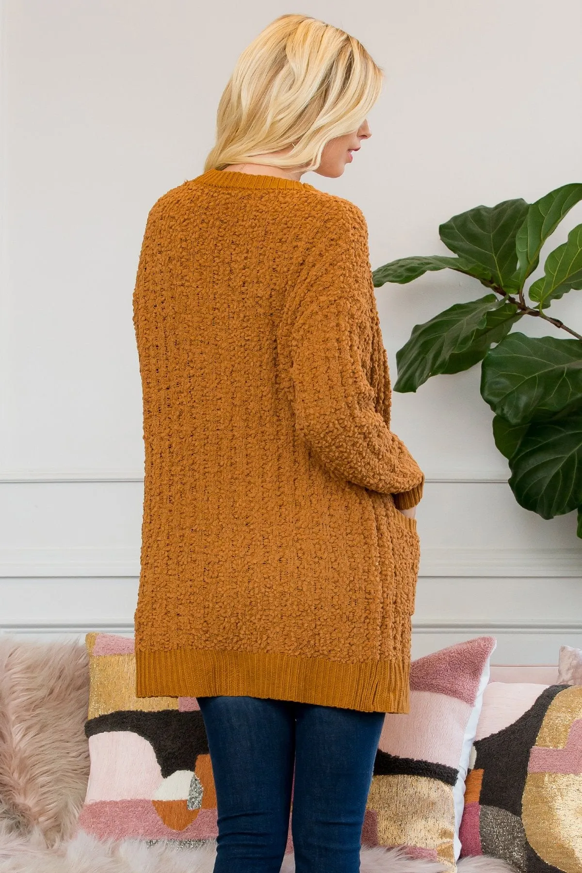 Cable Popcorn Sweater Cardigan With Pockets