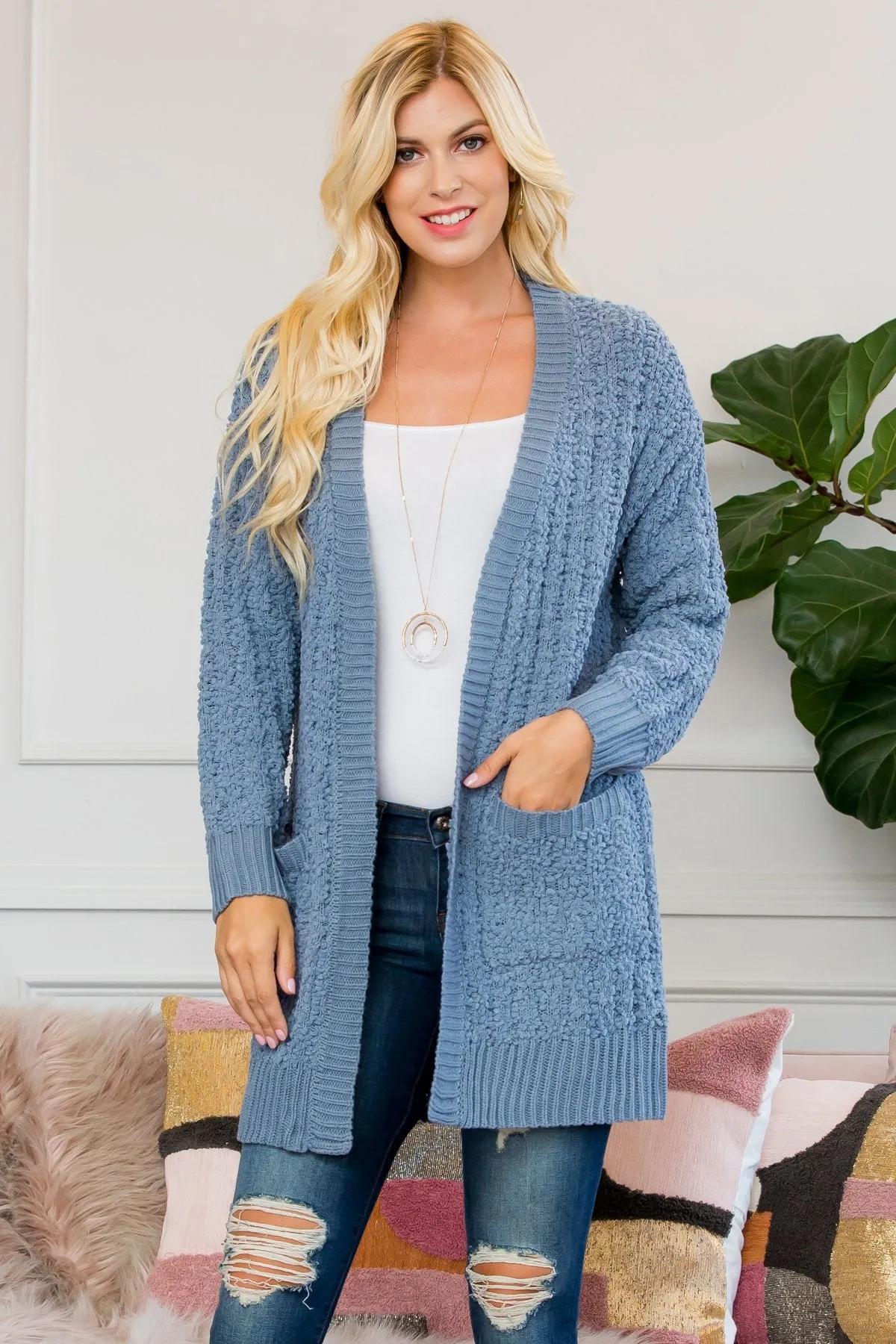 Cable Popcorn Sweater Cardigan With Pockets