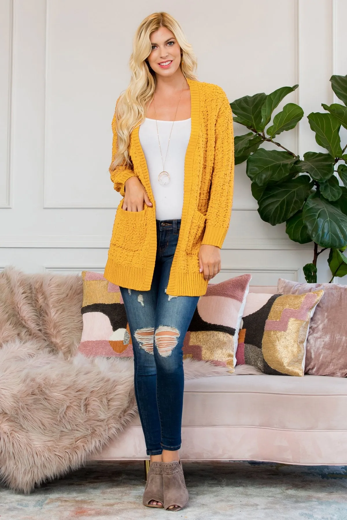 Cable Popcorn Sweater Cardigan With Pockets