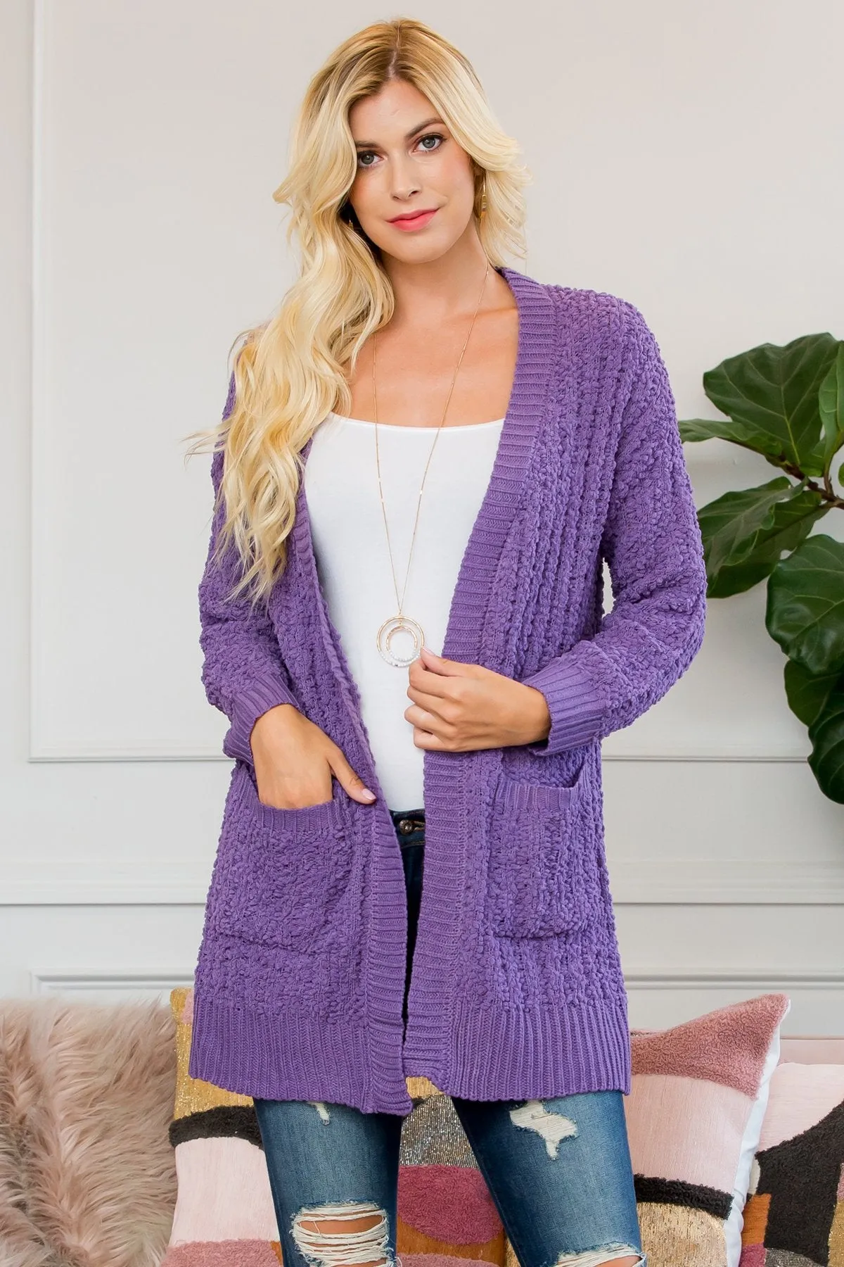 Cable Popcorn Sweater Cardigan With Pockets