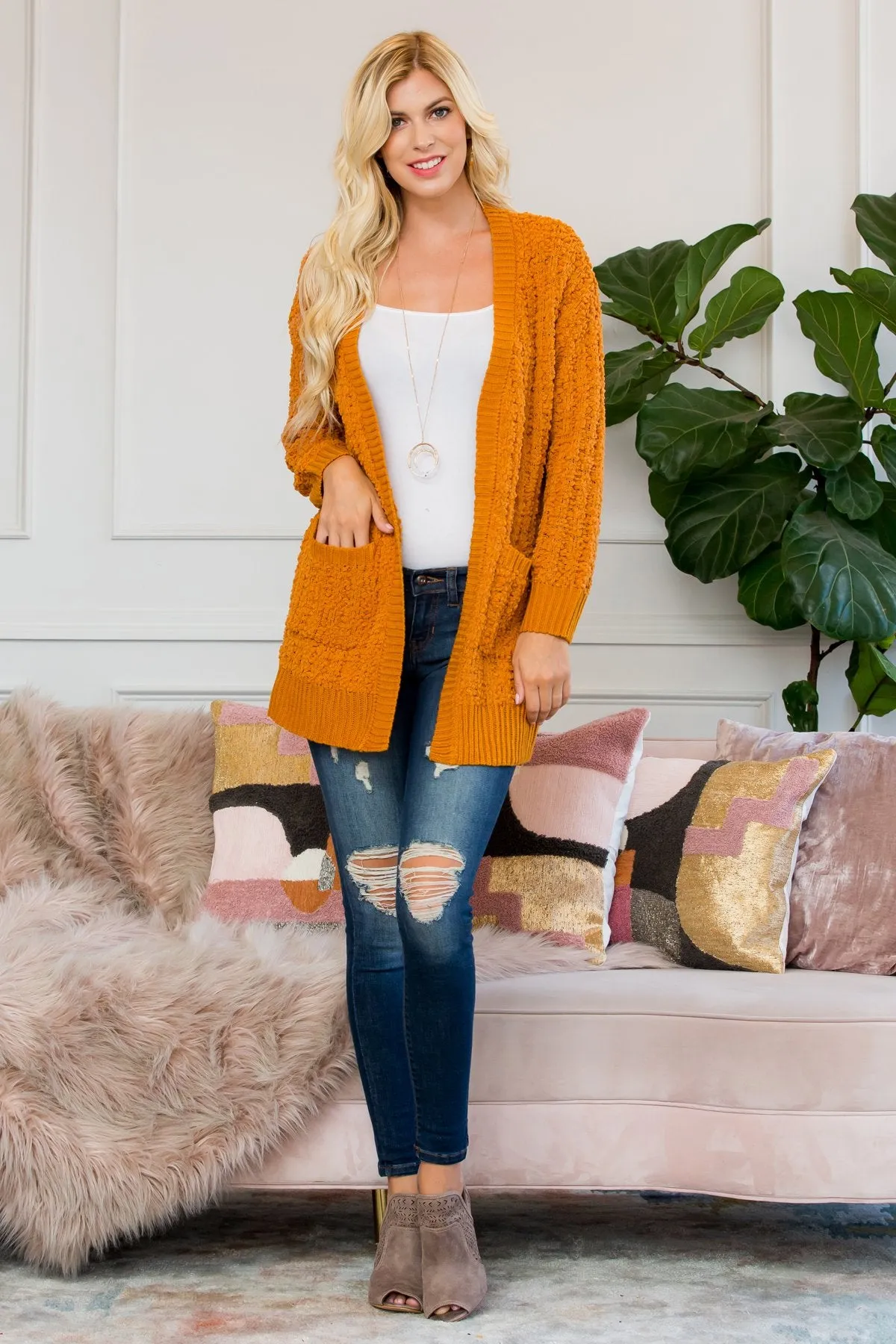 Cable Popcorn Sweater Cardigan With Pockets