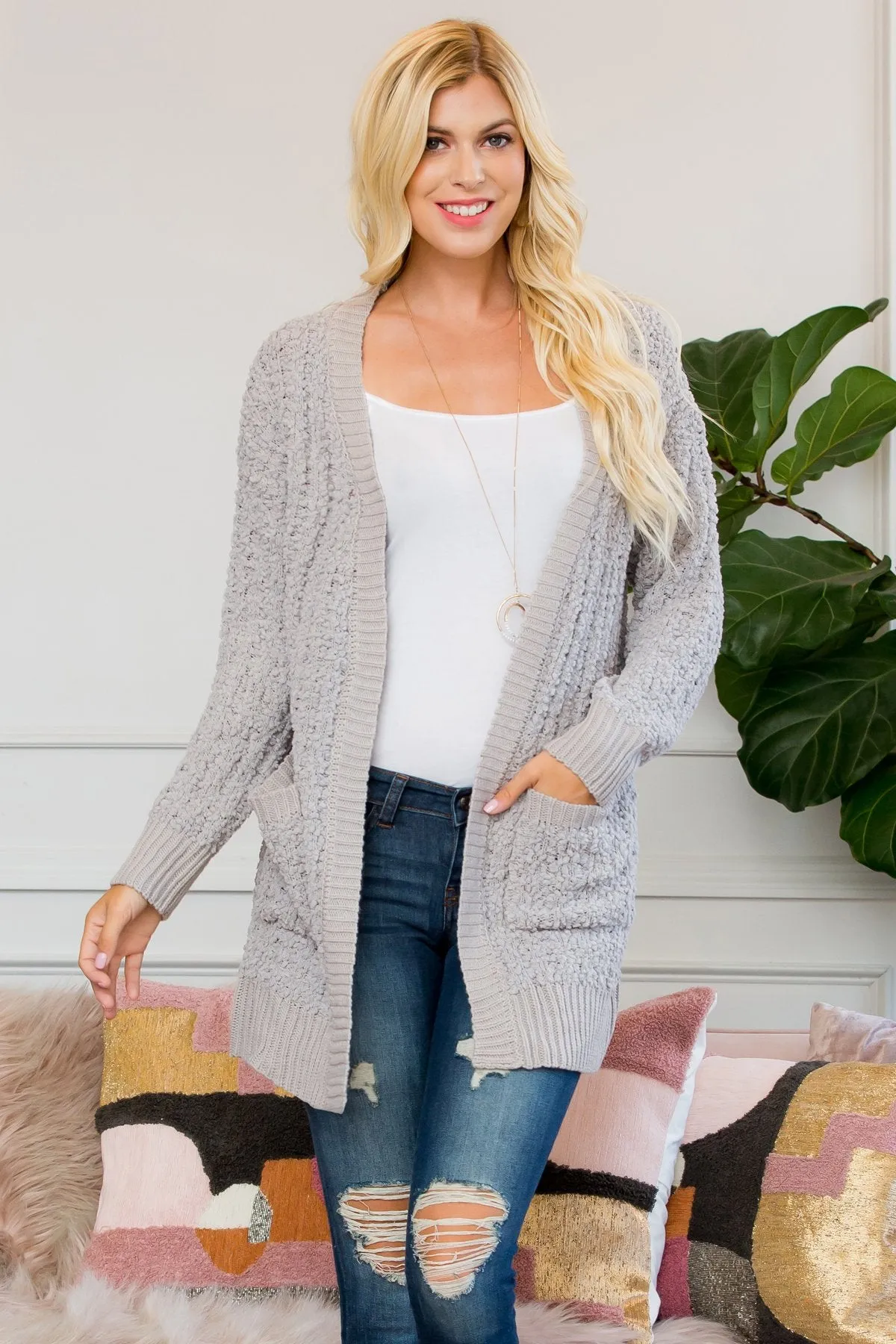 Cable Popcorn Sweater Cardigan With Pockets