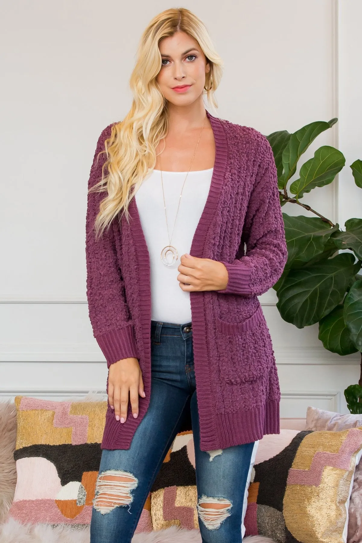 Cable Popcorn Sweater Cardigan With Pockets