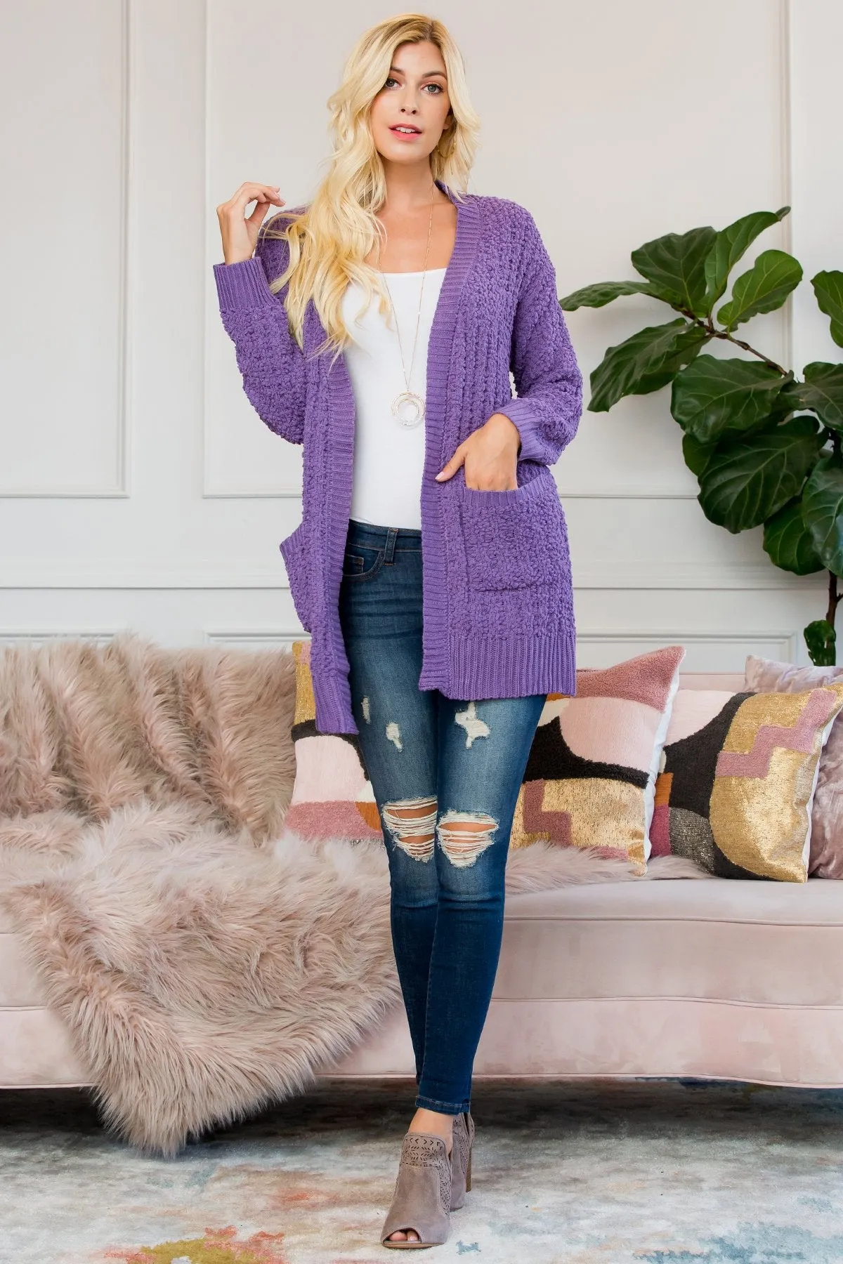 Cable Popcorn Sweater Cardigan With Pockets