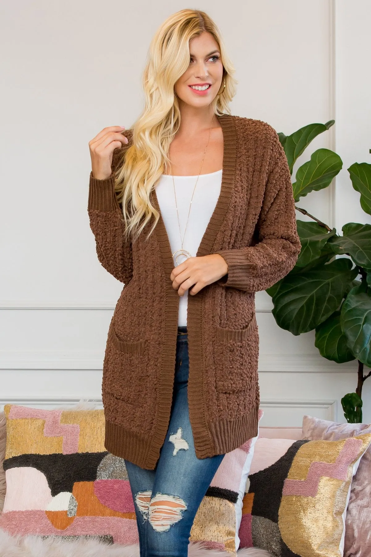 Cable Popcorn Sweater Cardigan With Pockets