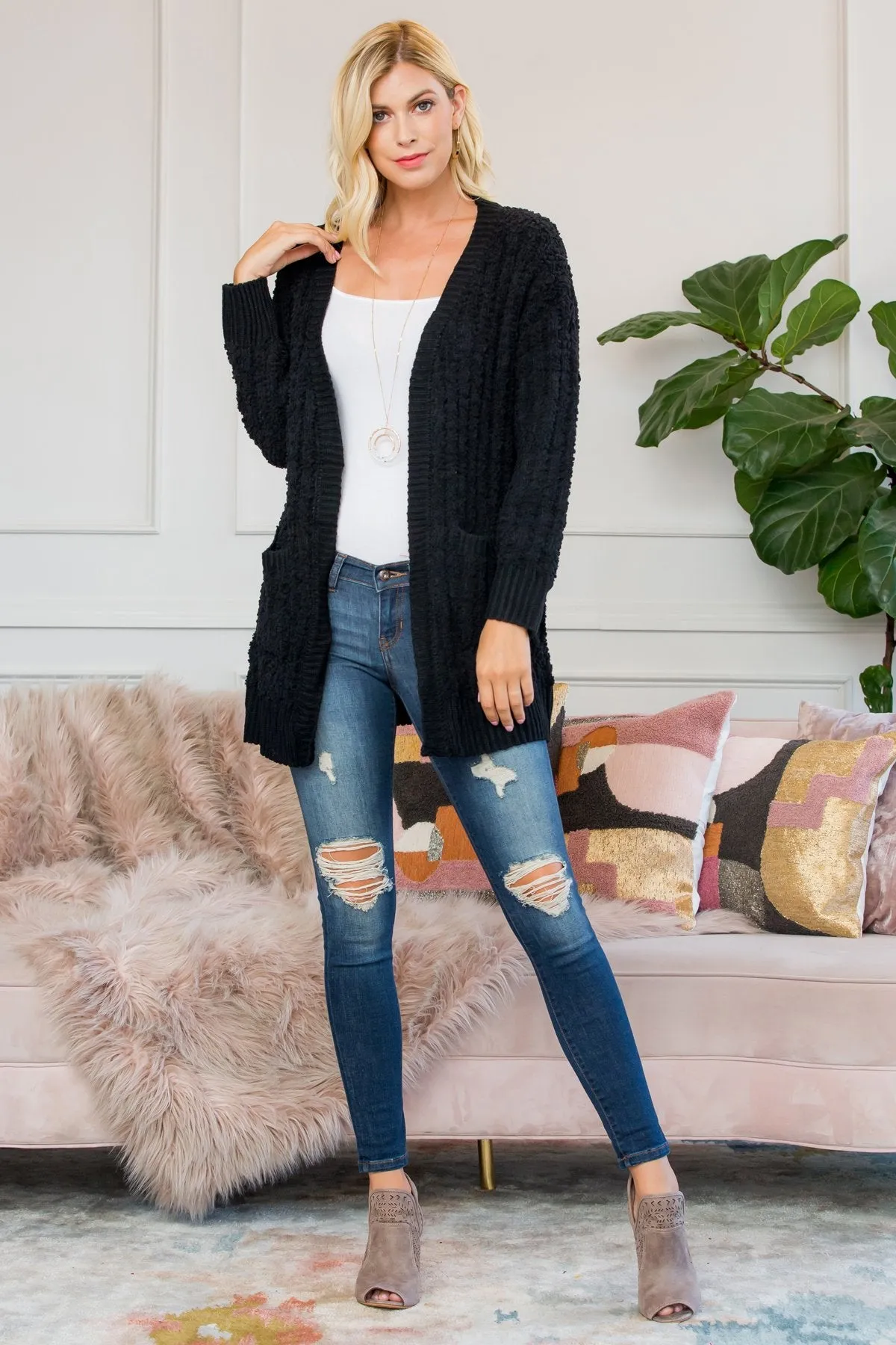 Cable Popcorn Sweater Cardigan With Pockets