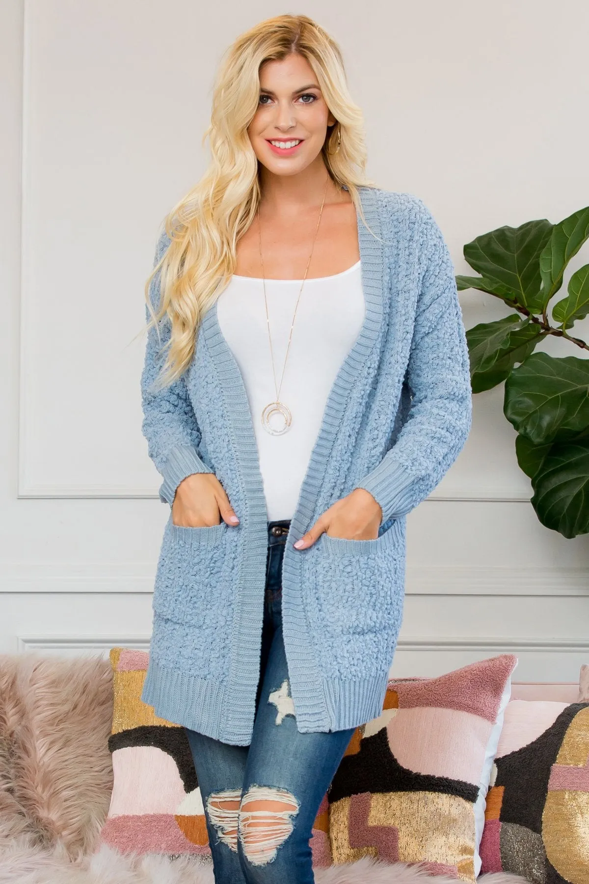 Cable Popcorn Sweater Cardigan With Pockets