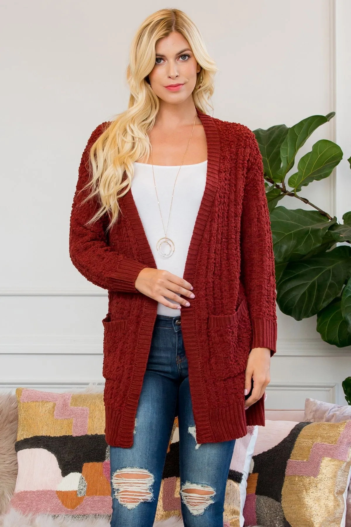 Cable Popcorn Sweater Cardigan With Pockets