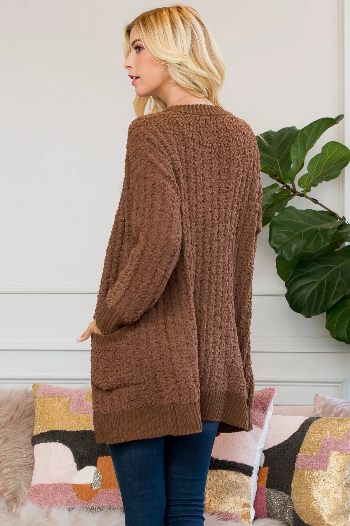 Cable Popcorn Sweater Cardigan With Pockets