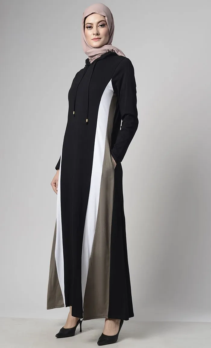 Color Block Basic Jersey Hooded Abaya With Pockets