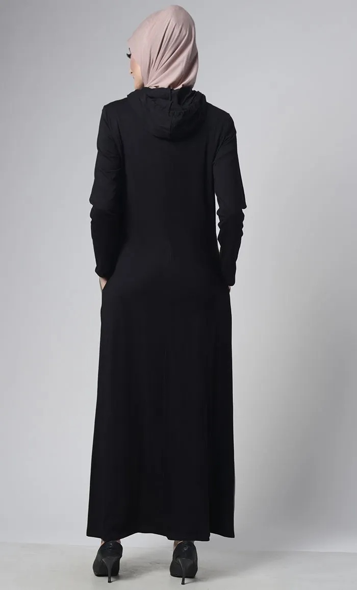 Color Block Basic Jersey Hooded Abaya With Pockets