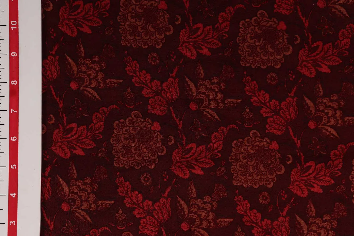 Dark Marron & Red Floral Printed Cotton Polyester Blend Chanderi Fabric