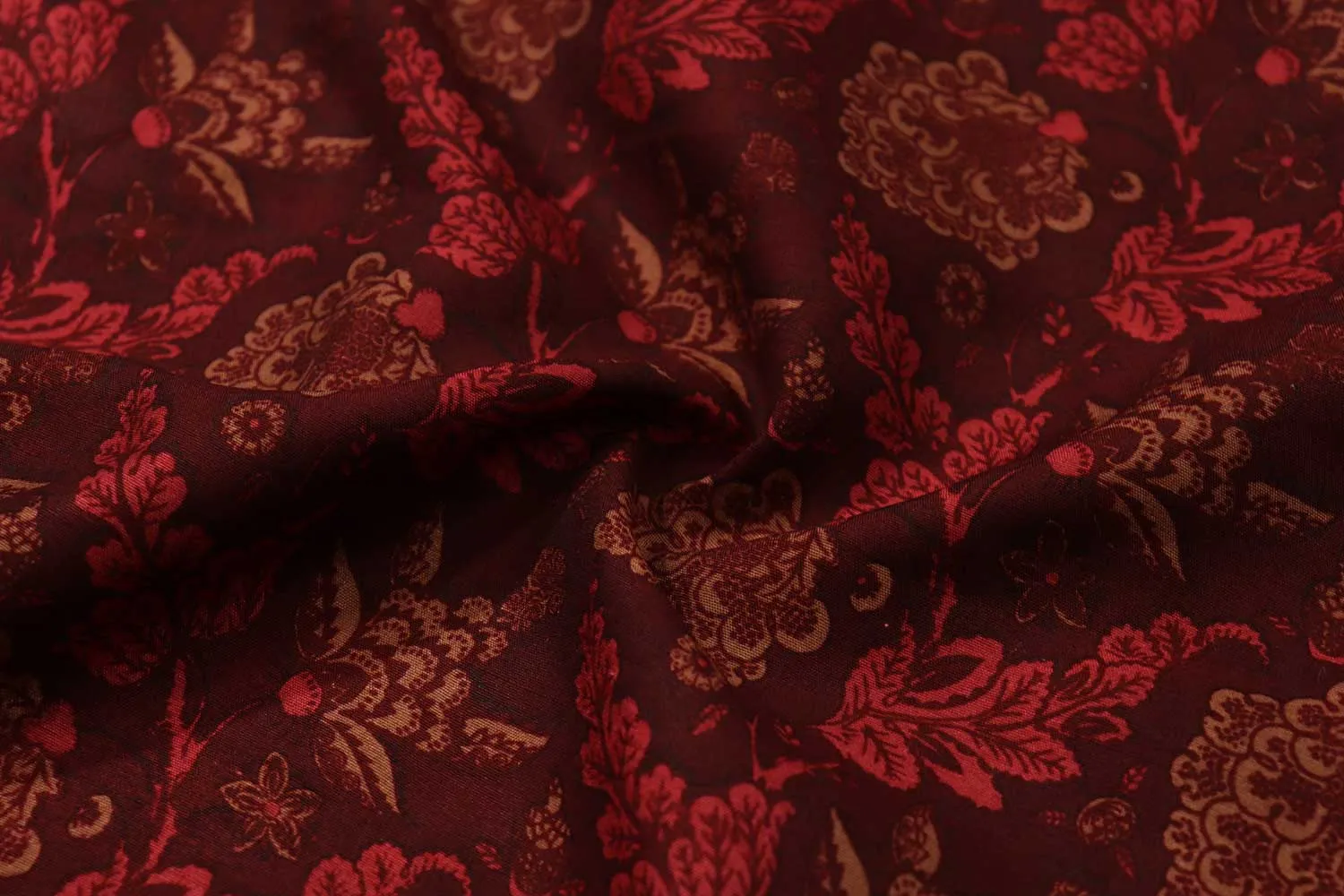 Dark Marron & Red Floral Printed Cotton Polyester Blend Chanderi Fabric