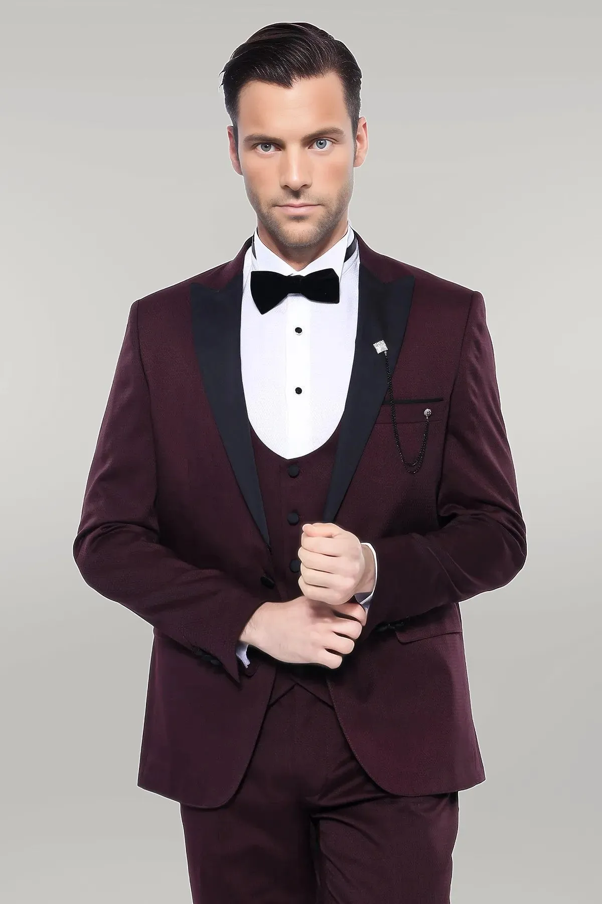 Detachable Lapel Burgundy Suit - Wessi