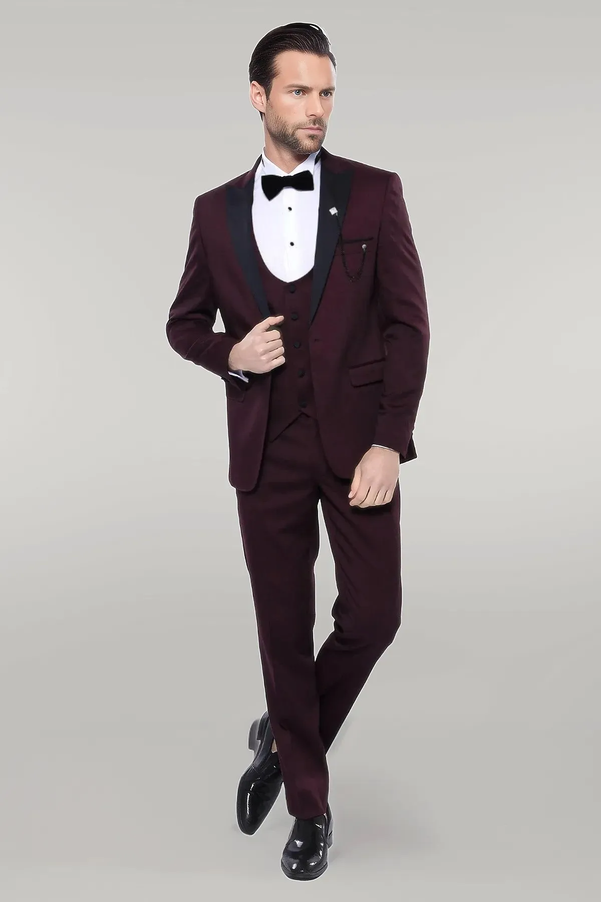 Detachable Lapel Burgundy Suit - Wessi