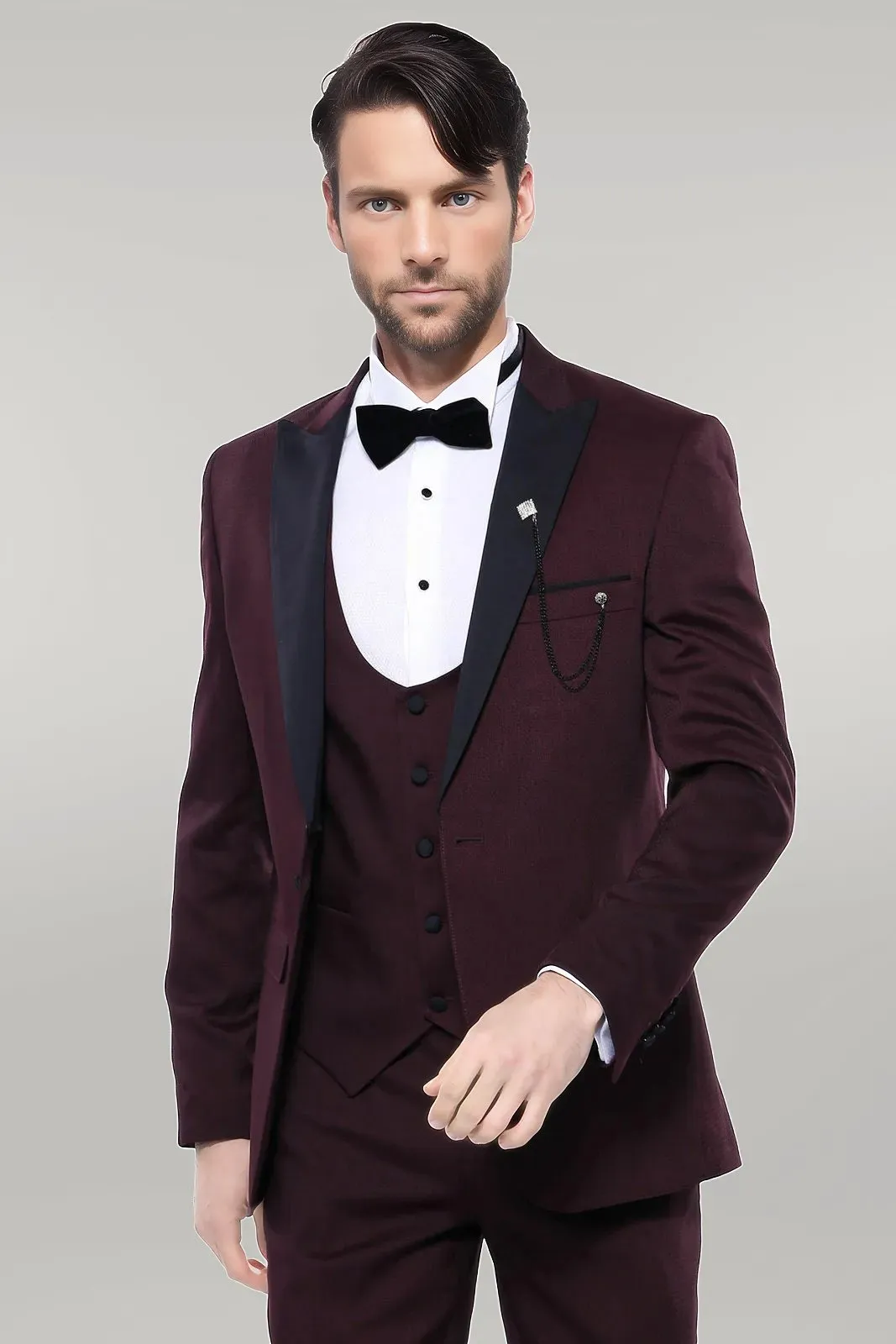 Detachable Lapel Burgundy Suit - Wessi