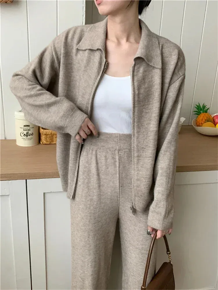 Flytonn-Women Sweater Winter 2 Piece Sets Elegnat Knitted Suits Female Sweaters Vintage Womens Pants High Waist Autumn Vintage Vestidos