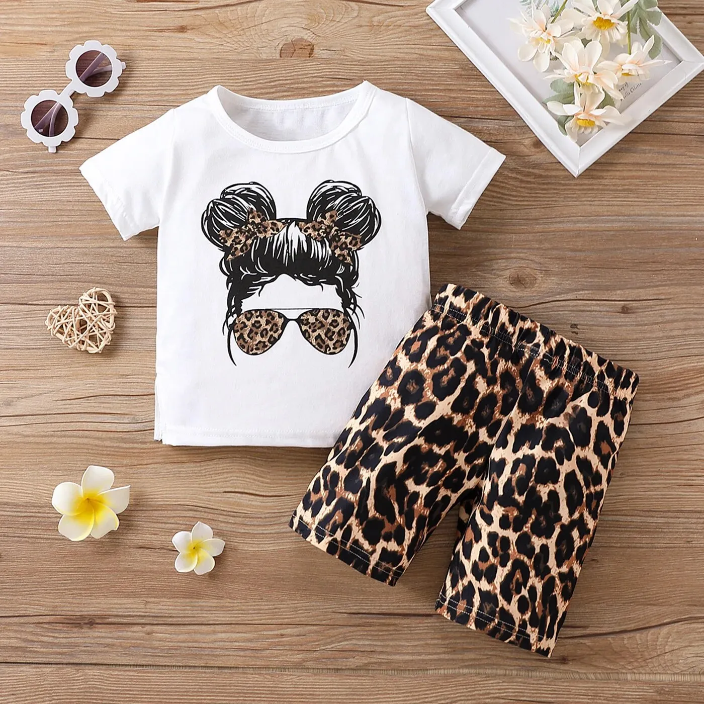 girls' printed tops, leopard shorts set*