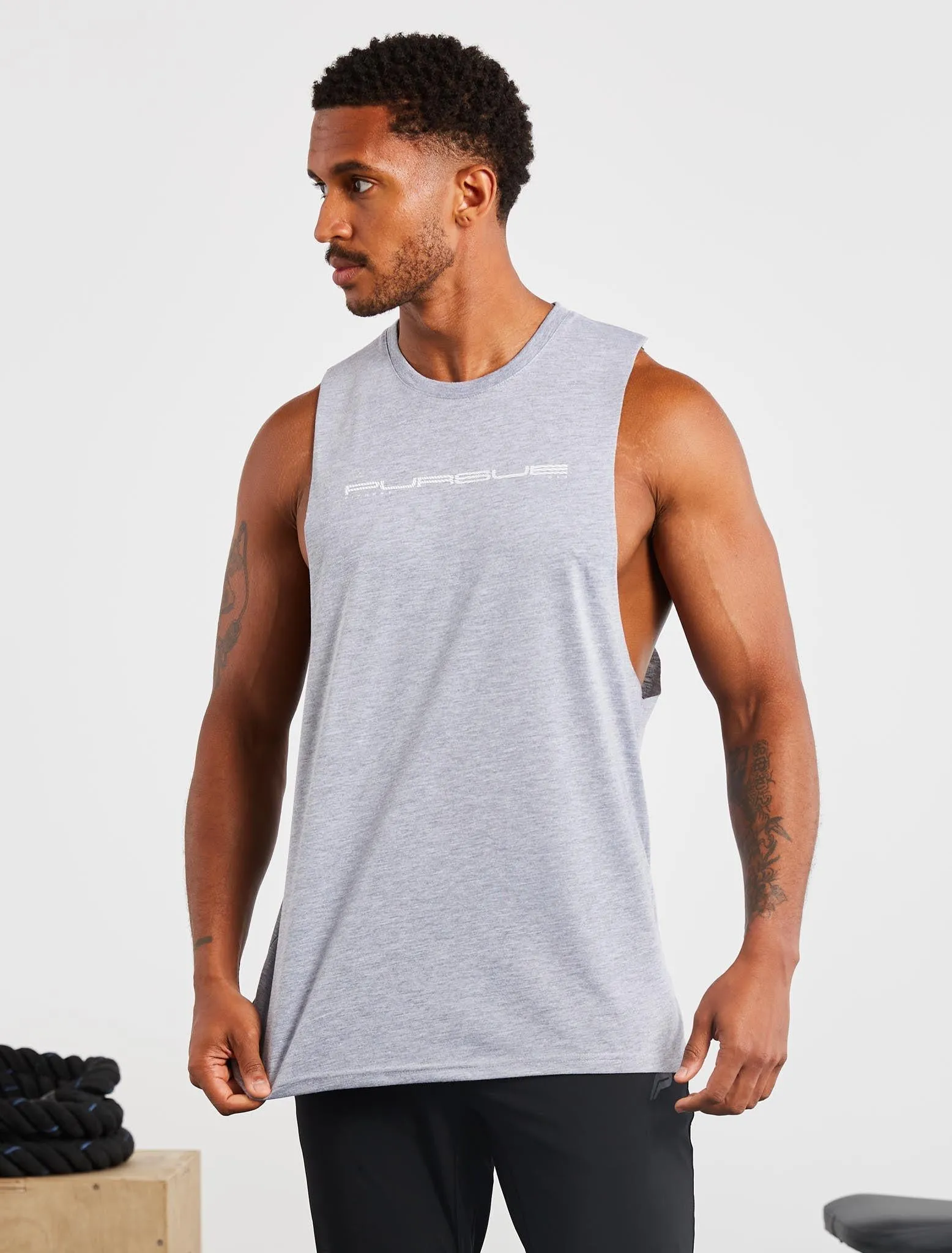 Graphic Drop Arm Tank - Grey Marl