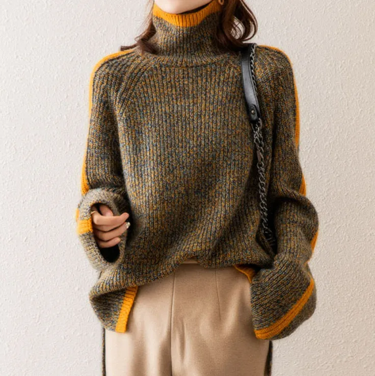 Ivyshape | Contrast Turtleneck Knitted Sweater