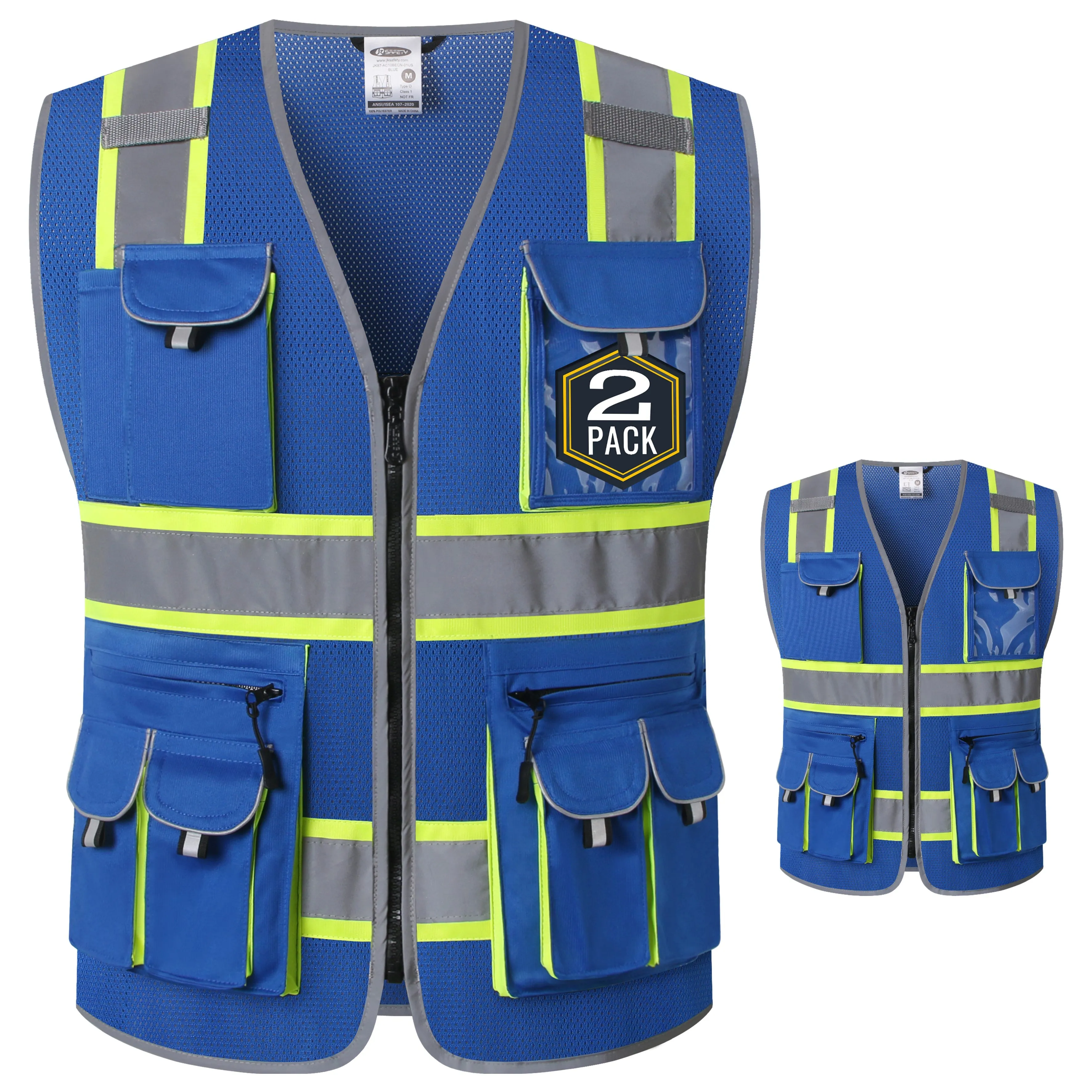 JKSafety 10 Pockets 2-Pack Two-Tone Mesh Hi-Vis Reflective Safety Vest (JK087)