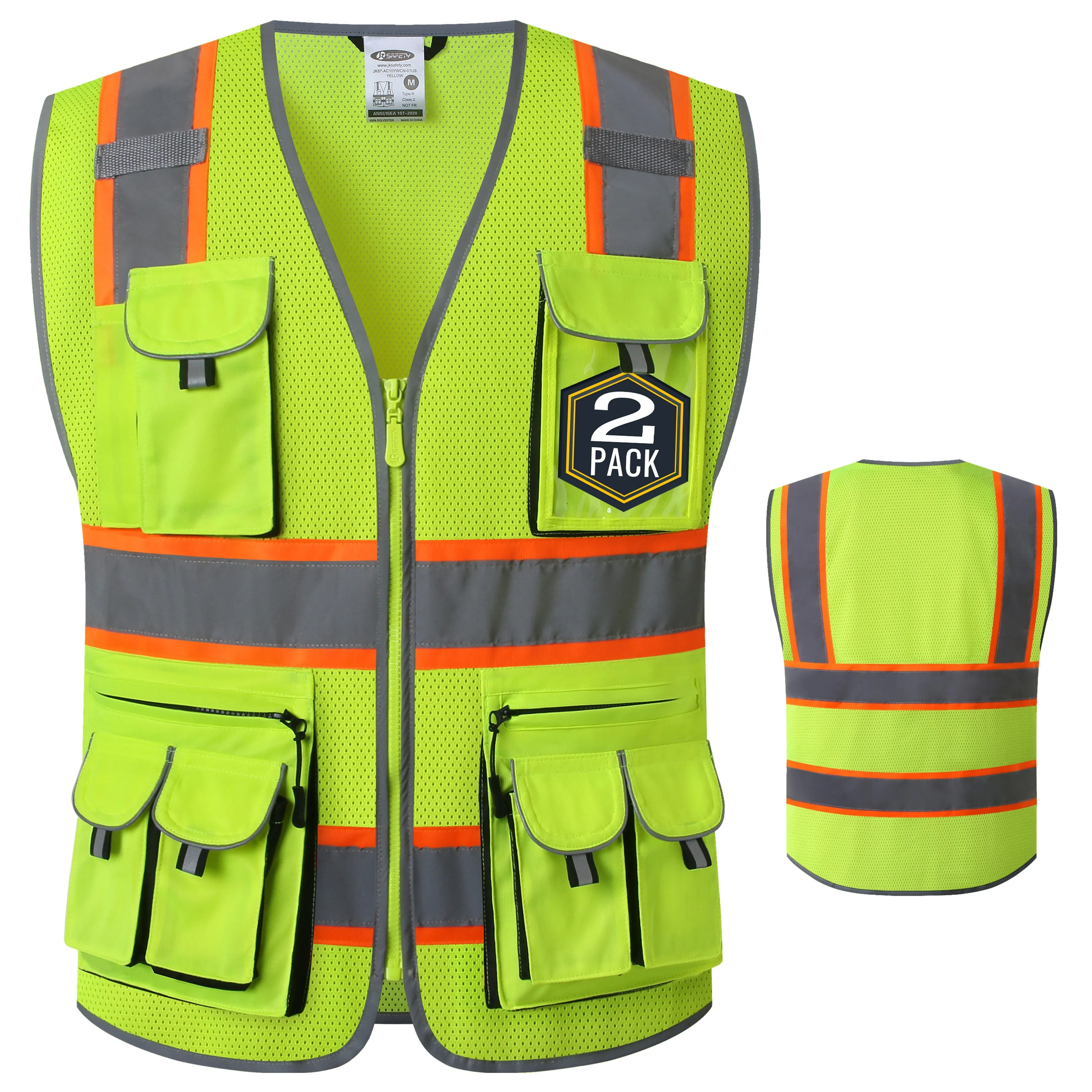 JKSafety 10 Pockets 2-Pack Two-Tone Mesh Hi-Vis Reflective Safety Vest (JK087)