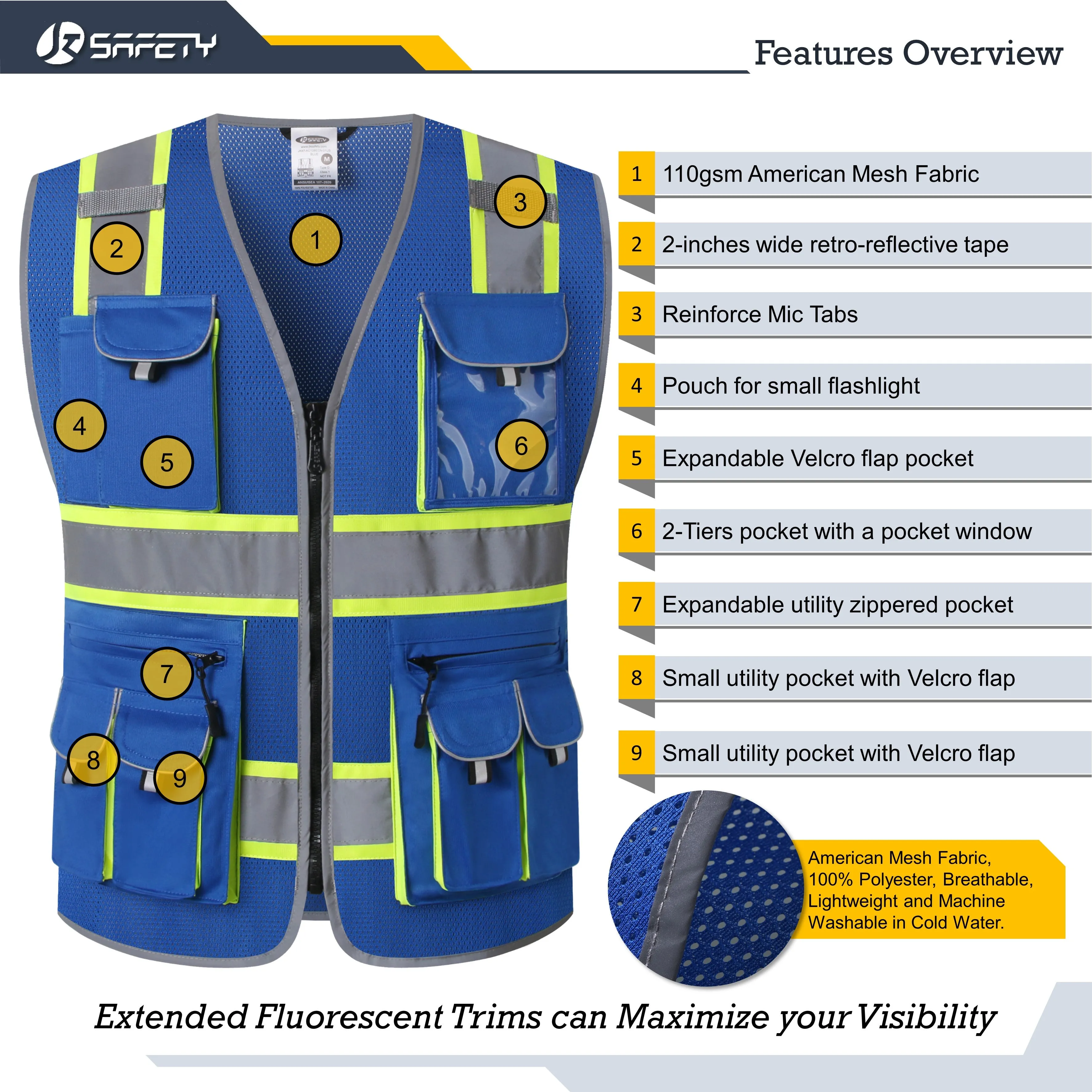 JKSafety 10 Pockets 2-Pack Two-Tone Mesh Hi-Vis Reflective Safety Vest (JK087)