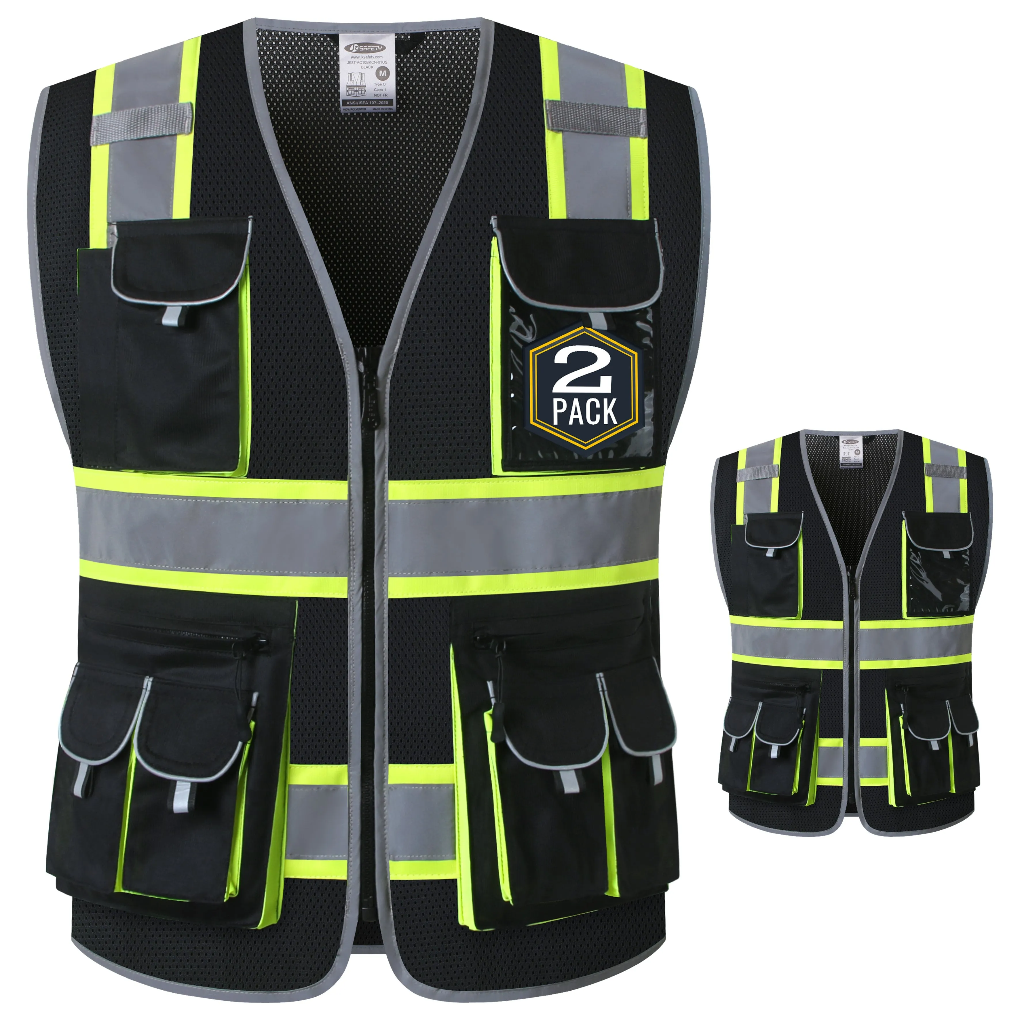 JKSafety 10 Pockets 2-Pack Two-Tone Mesh Hi-Vis Reflective Safety Vest (JK087)