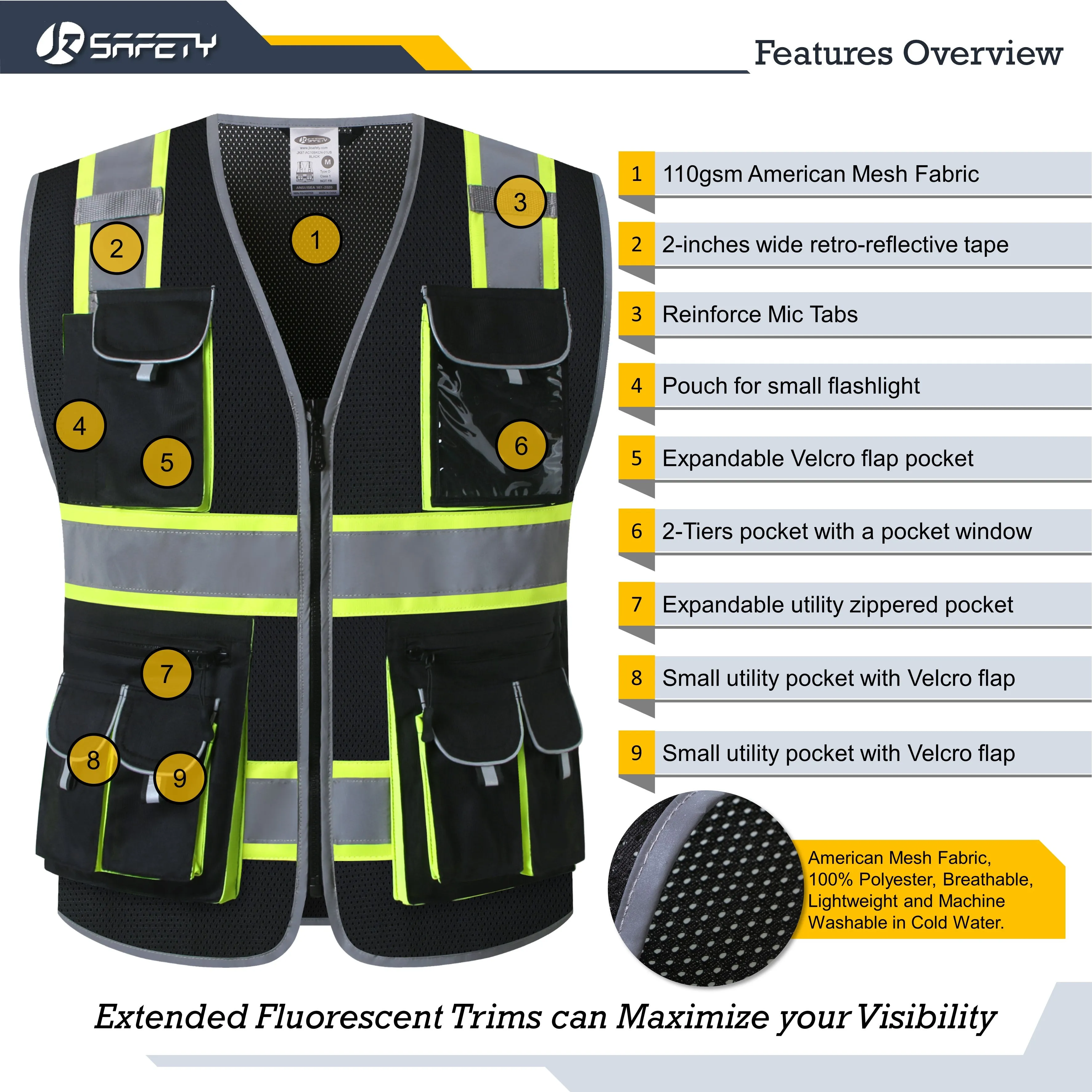 JKSafety 10 Pockets 2-Pack Two-Tone Mesh Hi-Vis Reflective Safety Vest (JK087)